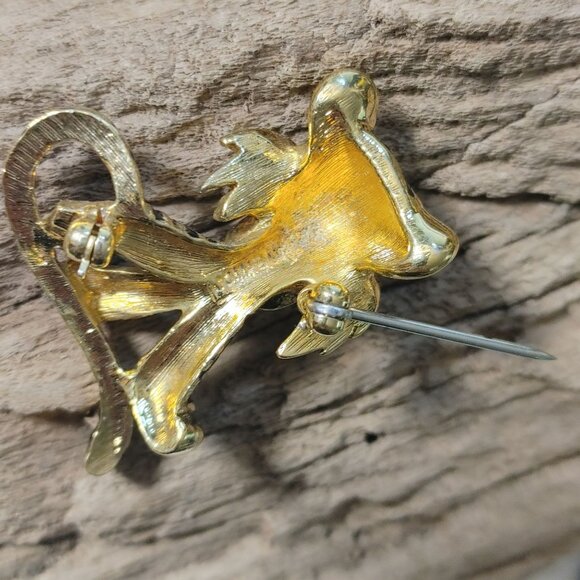 Jomaz Brooch Pin Vintage Gold Rhinestone Tiger Cat Black Enamel Stripes Crystal - Picture 3 of 11